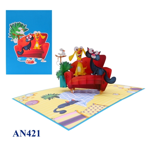 Dog Cat On The Sofa Pop Up Card