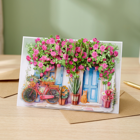 3D Pop Up Flower Garden Greeting Card – Romantic Door & Rose Design