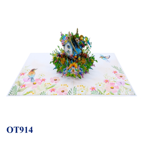 Green Birds Nest Flowers Pop Up Card