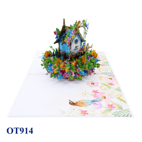 Green Birds Nest Flowers Pop Up Card