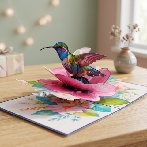 Anemone Coronaria Flower Hummingbird Pop Up Card