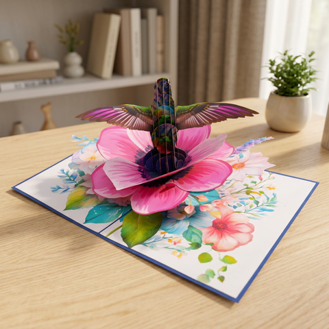 Anemone Coronaria Flower Hummingbird Pop Up Card