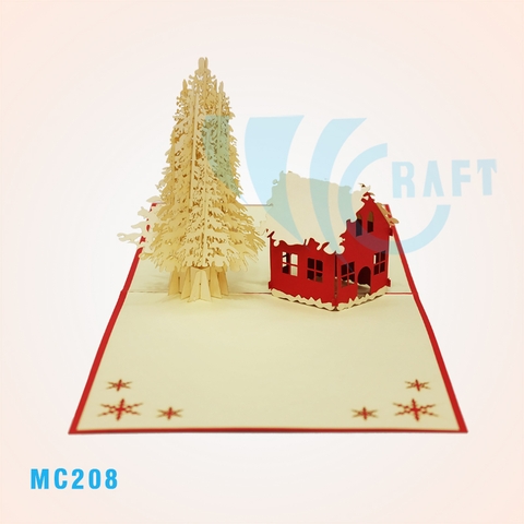 Pop-up Christmas Card – Red House & Snowy Pine Tree