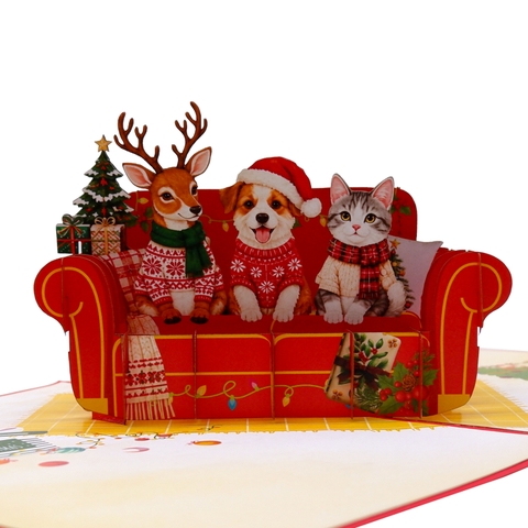 3D Pop Up Christmas Card – Cute Animals on a Festive Sofa