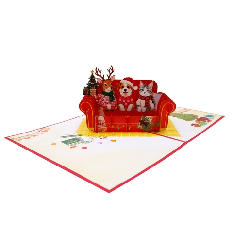 3D Pop Up Christmas Card – Cute Animals on a Festive Sofa