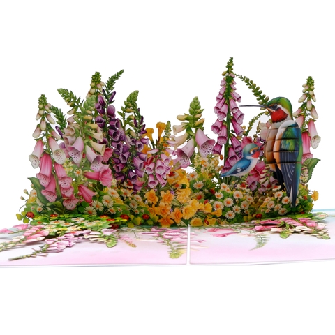 Flowers Garden & Hummingbirds Pop Up Card