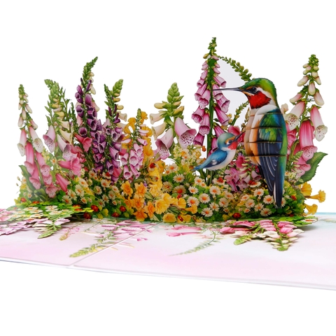Flowers Garden & Hummingbirds Pop Up Card