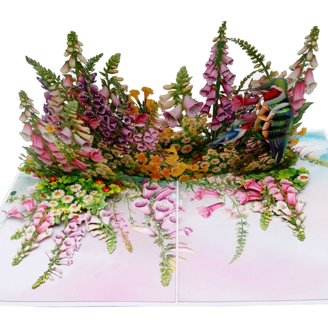 Flowers Garden & Hummingbirds Pop Up Card