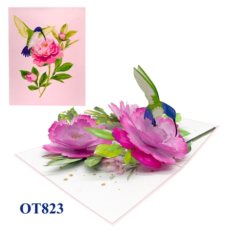 Peonies Hummingbird Pop Up Card