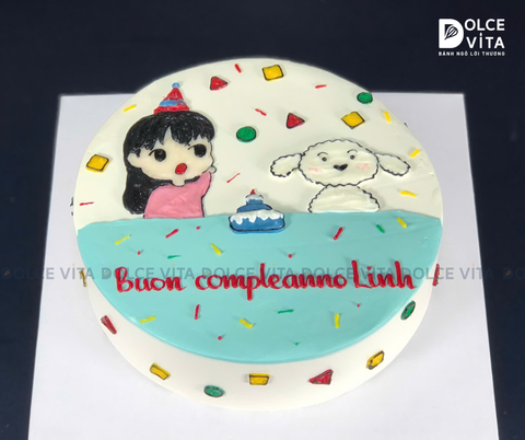 [1768]  Bánh kem vẽ cô gái và chú chó dễ thương – dành cho bé gái, bạn gái yêu phong cách tươi trẻ