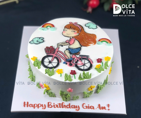 [2879] (90) Bánh kem vẽ cô bé lái xe đạp - Ngọt ngào, vui tươi và giàu sức sống