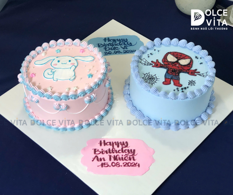 [567] (150) Bánh kem đôi cho bé trai - bé gái (Vẽ Người nhện Spider man và chú chó Cinnamoroll)