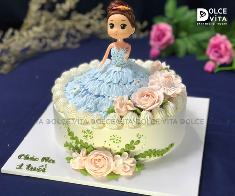 [1207] (100) Bánh Sinh Nhật Búp Bê Bé Gái Tone Xanh - Hồng
