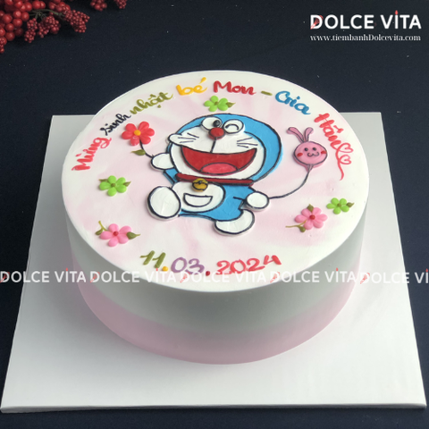 [249] (80) Bánh kem vẽ Doremon/ Doraemon nền hồng cho bé gái