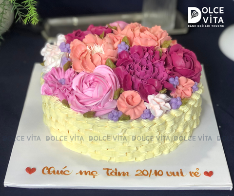 [156] (M120-180) Bánh Kem tạo hình Giỏ hoa tông hồng rực rỡ tặng phái nữ
