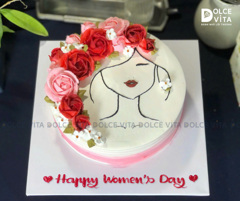 [1167] (70-80-120-150) Bánh kem Mixed Fruit vẽ nàng thơ và đóa hoa – Gửi trọn yêu thương cho ngày Phụ Nữ