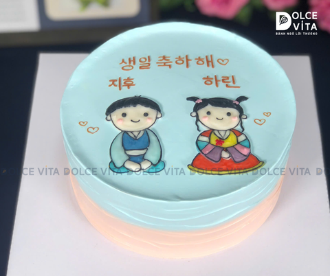 [1639] (110) Bánh kem vẽ bé trai - bé gái trong trang phục Hanbok - dành tặng cho em bé Hàn Quốc