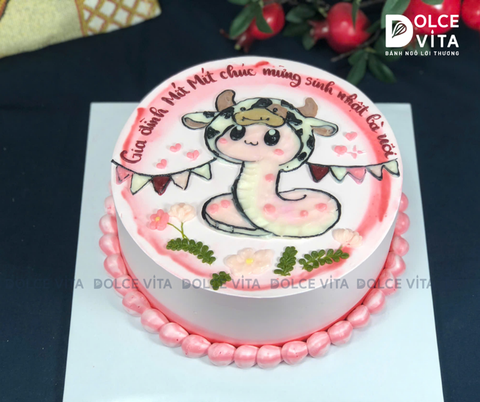 [2874] (70) Bánh kem vẽ hình rắn đáng yêu cho thôi nôi - sinh nhật bé gái tuổi Tỵ