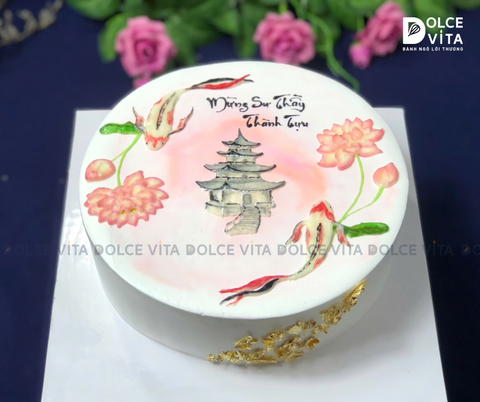 1187 (100) Bánh Kem Nghệ Thuật Vẽ Cá Chép, Hoa Sen – Chúc Mừng Thành Tựu