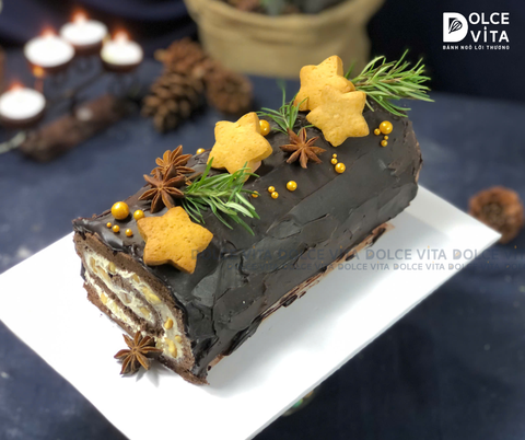 M037 Bánh khúc cây (Yule Log Cake for Christmas) trang trí bánh quy gừng - Mùa lành 2025