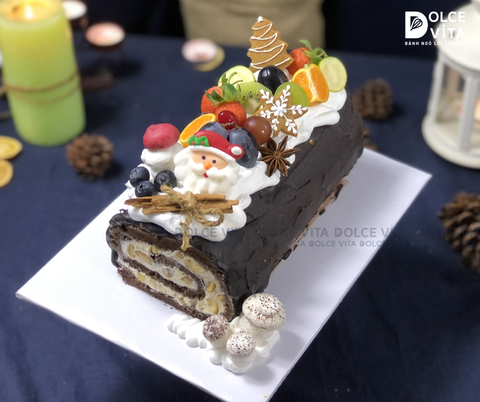 M038 Bánh khúc cây (Yule Log Cake For Christmas) trang trí trái cây cho Giáng sinh 2025