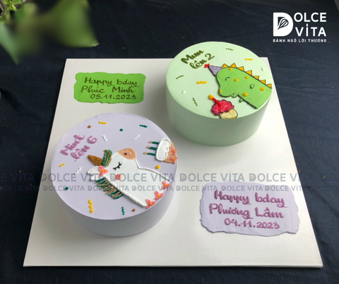 [1672] (110) Bánh kem dành cho sinh nhật nhiều người, vẽ hình Ngựa - Khủng long xanh