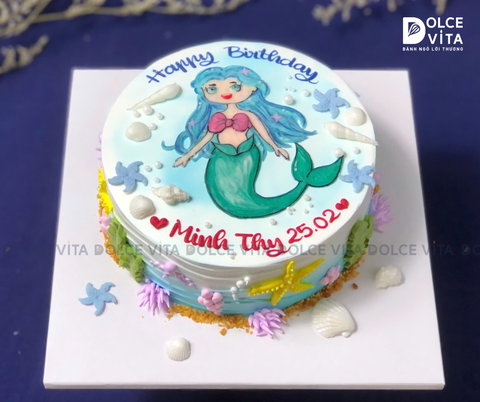 [1184] (80) Bánh sinh nhật bé gái hình Nàng Tiên Cá Ariel – Đặt bánh vẽ theo yêu cầu