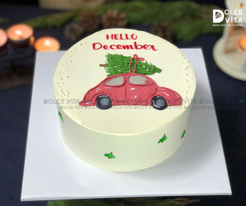 TD013 (50) Bánh giáng sinh/ Noel/ Christmas cake) vẽ chiếc xe chở cây thông