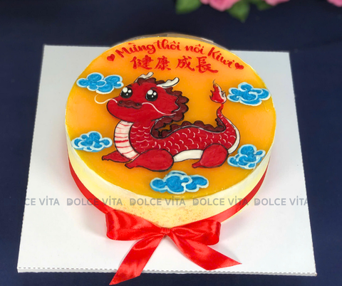 1868 (80) Bánh mousse chanh dây vẽ hình chú rồng cho sinh nhật tuổi Thìn