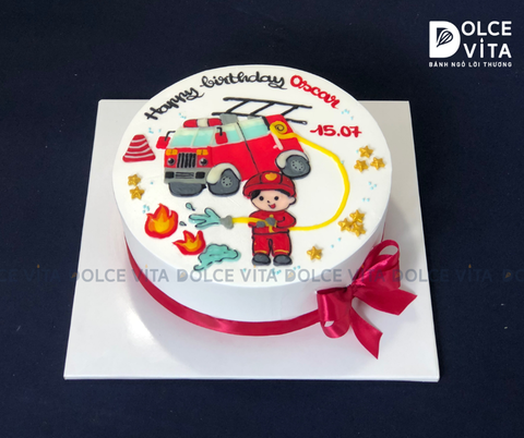 [514] (80) Bánh kem vẽ lính cứu hỏa và xe cứu hỏa