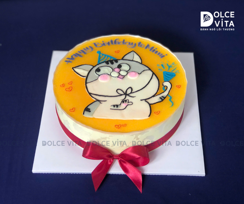 551 (60) Bánh mousse chanh dây vẽ hình mèo Ami tinh nghịch, đáng yêu