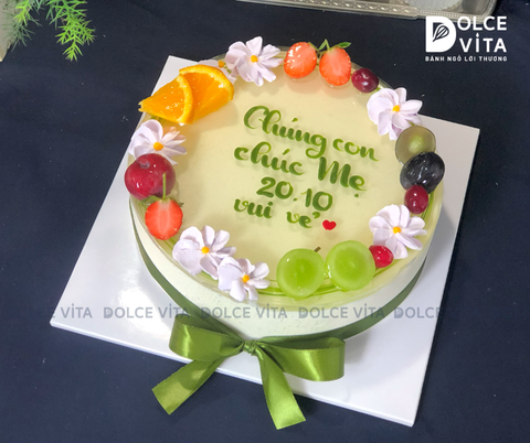 [829] Green Tea Lemon (Bánh mousse trà xanh chanh) trang trí trái cây và hoa nhỏ xinh