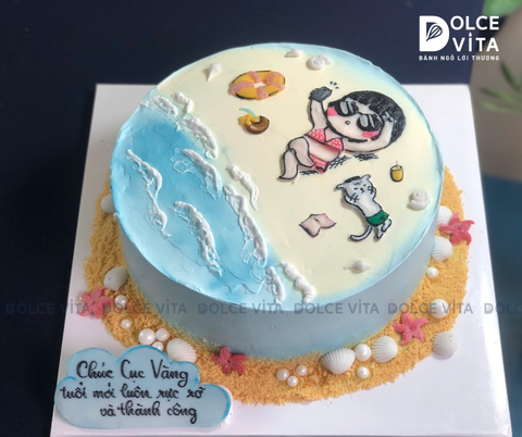 [2990] (130) Bánh Sinh Nhật Chủ Đề Biển Chill – Cô Gái Nghỉ Dưỡng