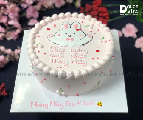 [1691] (50) Bánh kem vẽ chú Thỏ hồng cho sinh nhật bé gái - bạn gái
