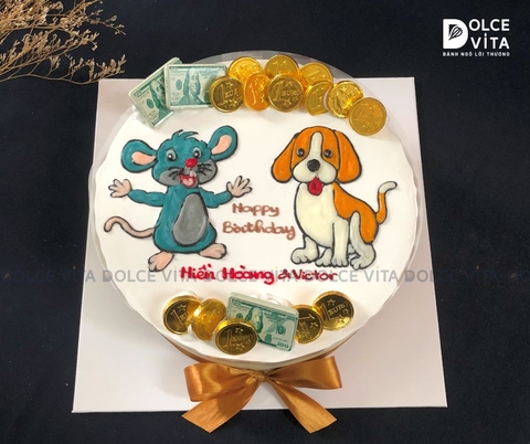 [1416] (90) Bánh kem vẽ chú chó và chú chuột vui vẻ