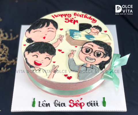 [1816] (200) Bánh Kem Vẽ Hình Sếp & Đồng Nghiệp – Vui Vẻ Đoàn Kết Tăng Ca... Ăn Nhậu