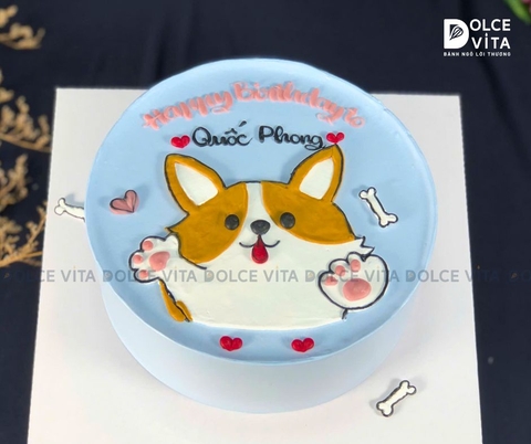 [1487] (50) Bánh kem vẽ chú chó Corgi tinh nghịch