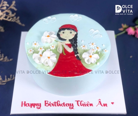 [1340] (90) Bánh kem vẽ chibi cô gái bên vườn hoa