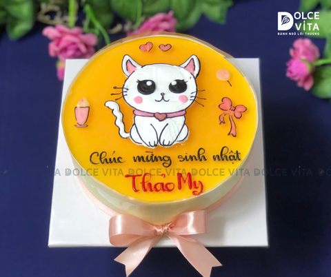 [1186] (40) Bánh Mousse Chanh Dây Vẽ Tay – Hình Chú Mèo Ngộ Nghĩnh