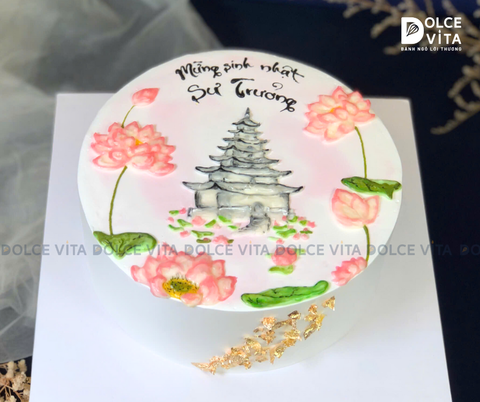 [1234]  (100) Bánh Sinh Nhật Vẽ hoa sen - tháp chùa tặng Huynh Trưởng – Trân trọng tấm lòng hướng đạo