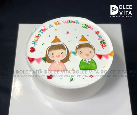[896] (60) Bánh vẽ bé trai và bé gái dễ thương cho sinh nhật chung