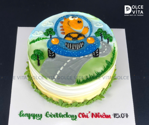 [119] (95) Bánh kem vẽ khủng long lái xe ô tô - combo bé trai yêu thích!