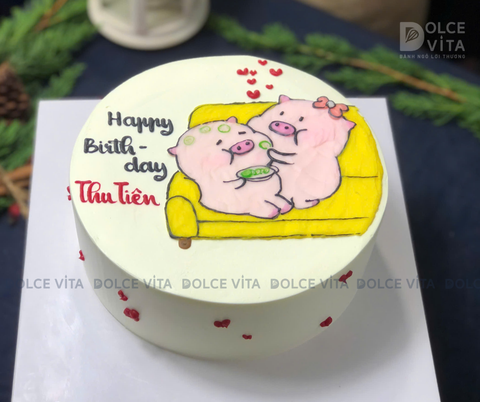 [1878] (70) Bánh Kem Vẽ Hai Chú Heo – Tình Thân & Yêu Thương Đầy Dễ Thương