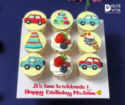 464 (70) Set 9 cupcake trang trí chủ đề sinh nhật và xe
