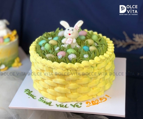 1242 (150) Bánh Kem Trang Trí Chú Thỏ Và Trứng Trên Thảm Cỏ – Chủ Đề Phục Sinh Đáng Yêu