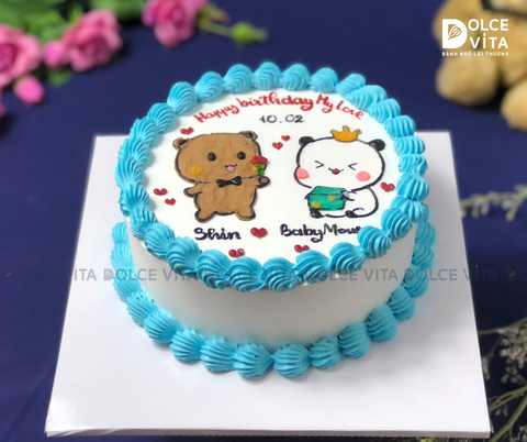 [1670] (60) Bánh kem chủ đề tình yêu - vẽ hình Gấu Trúc và Gấu Tuyết Nhỏ