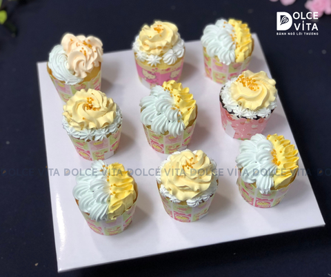[1585] - Set 9 Cupcake trang trí bông kem tông vàng - xanh mint