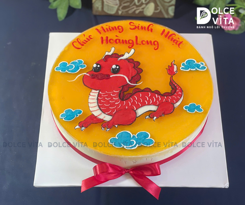 1868 (80) Bánh mousse chanh dây vẽ hình chú rồng cho sinh nhật tuổi Thìn