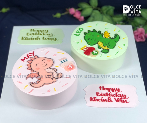 [1671] (100) Bánh kem đôi - vẽ Khủng long cho sinh nhật vui nhộn của bé sinh đôi