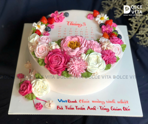 [1829] (XL180) Bánh kem kết hợp trang trí hoa và vẽ lịch rực rỡ tặng Phái nữ, sếp...